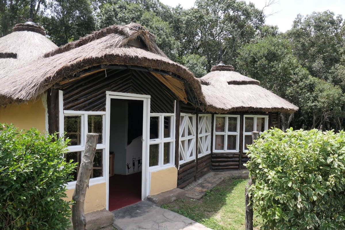 A traditional Maasai cottage constructed with natural materials features thatched roofs and wooden beams. The entrance is framed by a well-maintained garden, with green shrubs surrounding the exterior. Multiple windows allow natural light to enter, highlighting the structure's rustic charm.