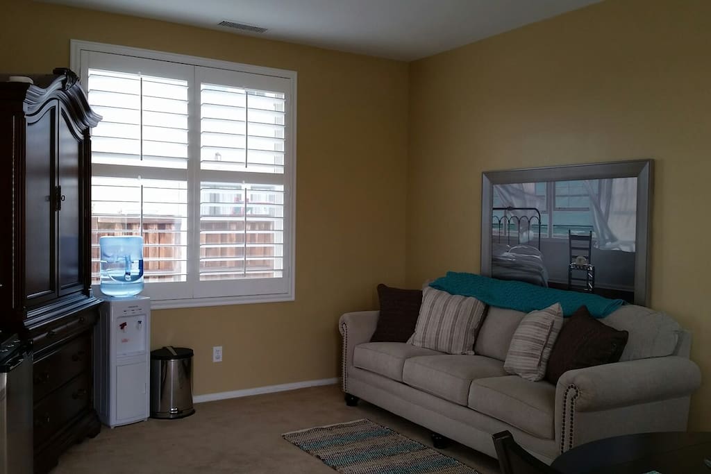 New queen sofa sleeper in separate living area.