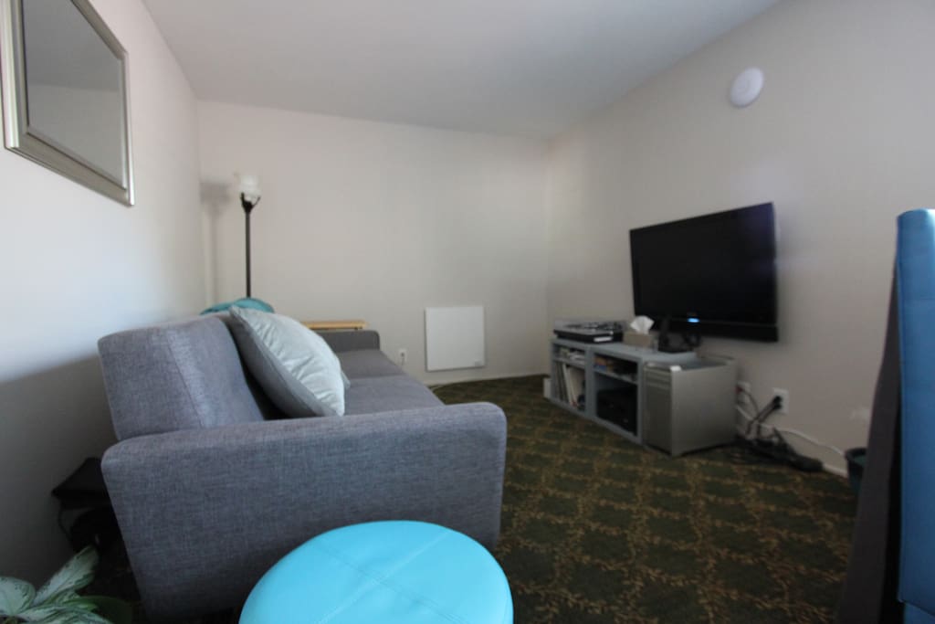 Relax in the living room. Watch TV, view movies, listen to records, strum the guitars or rest on the couch. I have HBO and Showtime. Catch up on Game of Thrones!!! There is a bookstore that also sells records a block away. Play your new records here!!!