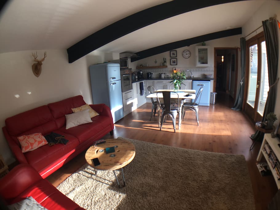 View from lounge area to kitchen/diner