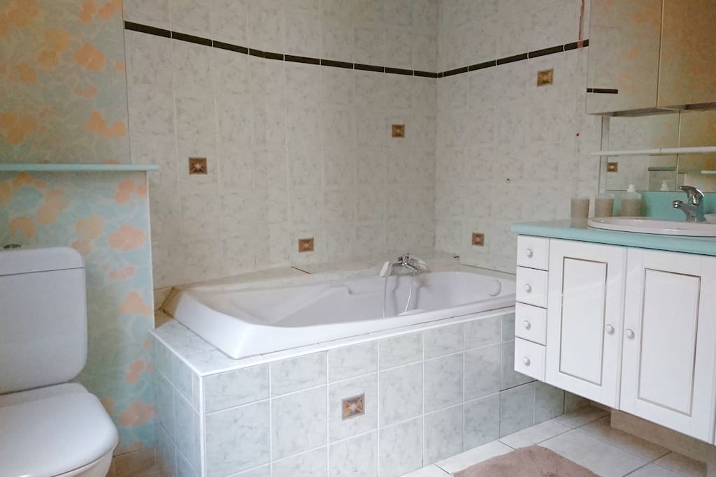 Cette grande salle de bain, équipé d'une baignoire, d'un WC est dépendante de la chambre triplette. Avec une surface de 6,5 m2 et d'une hauteur de plafond de 3 m.