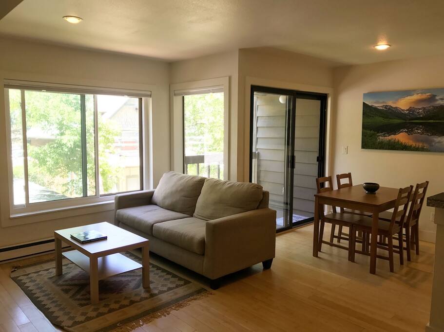 Living room (1) with the private back patio.