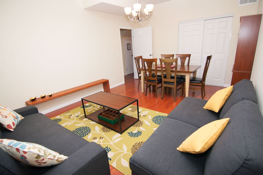 The living-dining room has a large closet for storage, where you will also find a high chair for kids, a box of children toys, as well as linens and conforter for the sofa-bed.