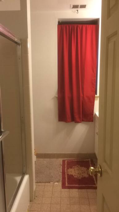 A bathroom complete with shower and the finest reading material known to man!