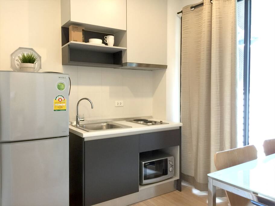 Kitchen; microwave, sink, refrigerator, double burner