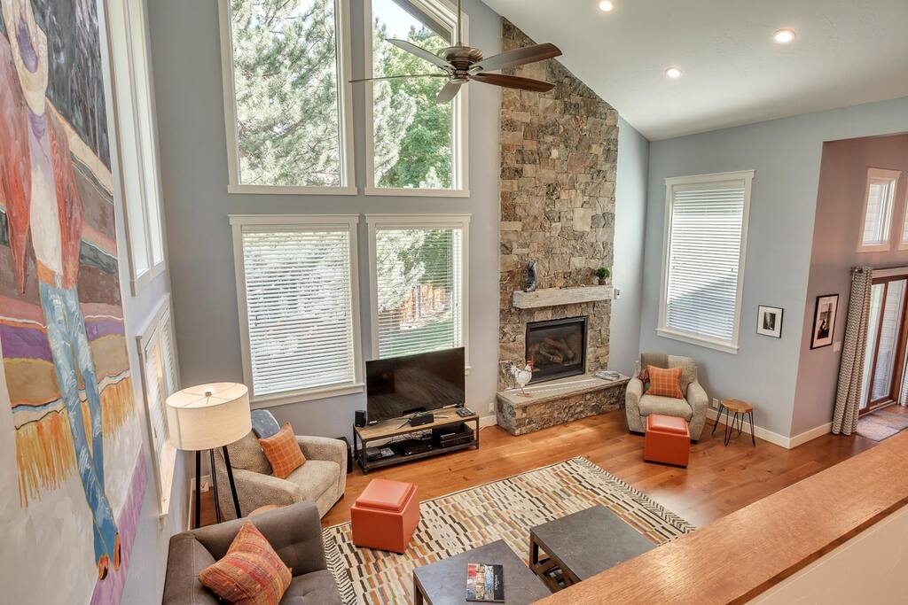 Floor to ceiling fireplace.