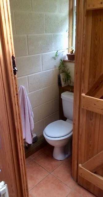 A bathroom space is shown, featuring a clean white toilet beside a window. Natural light filters in, highlighting the light-colored wall tiles and the textured wooden door frame. A pink towel is hung on a hook, adding a touch of color to the neutral decor.