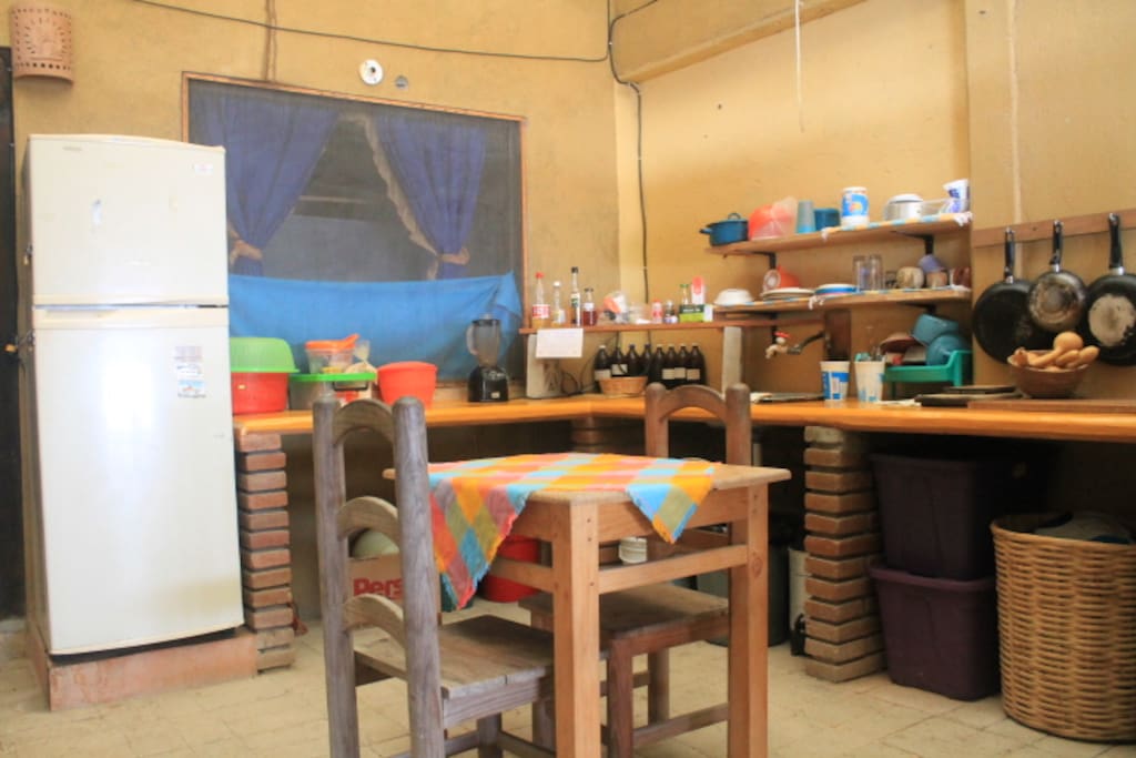 Our communal kitchen with large fridge freezer, blender, stove etc.