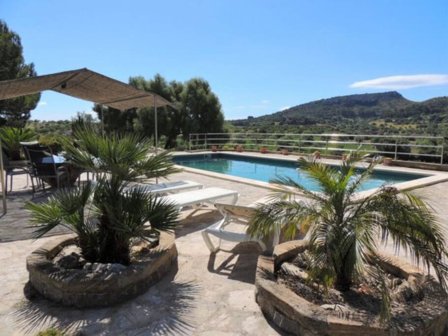 Pool area with mountain views