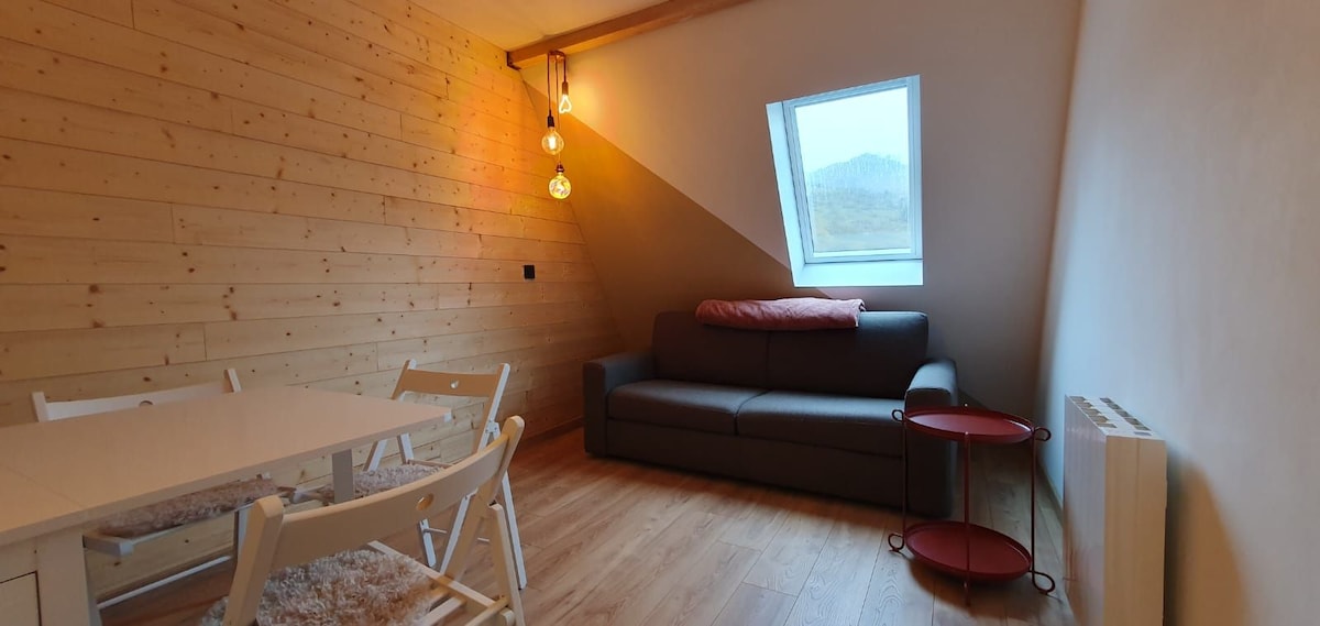 A cozy living area is presented with a modern grey sofa and a wooden table surrounded by white chairs. Natural light enters through a slanted window, illuminating the light wooden walls. Warm pendant lights hang above, adding a soft glow to the space.