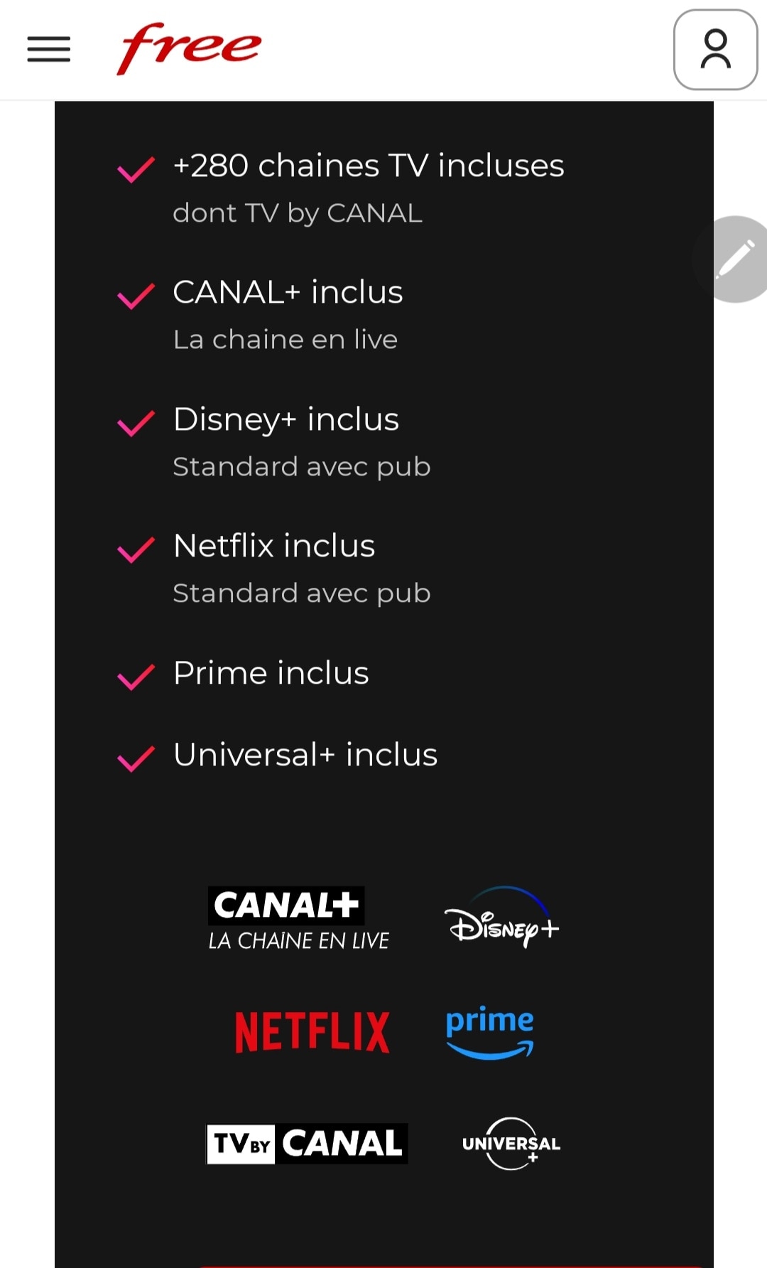 A list of streaming services is displayed, highlighting included options such as Disney+, Netflix, Prime, and Universal. The services are presented with check marks indicating their availability, alongside details regarding channels and advertisements, set against a dark background.