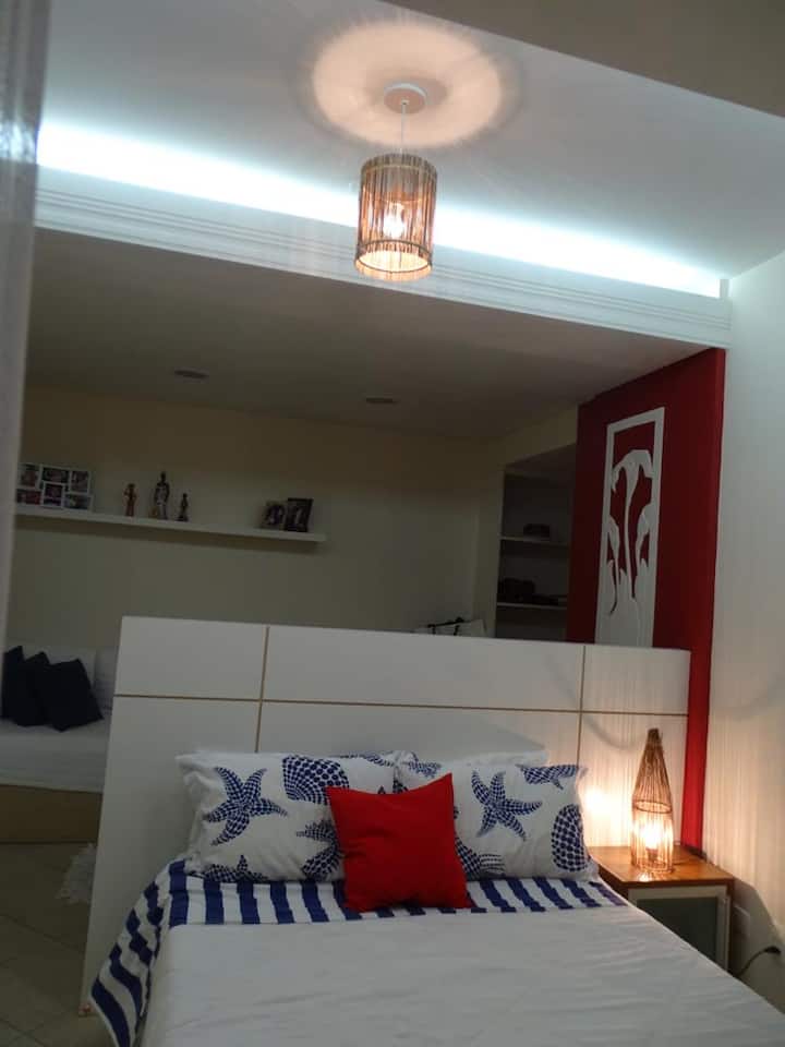 Მთავარი აპარტამენტი - საწოლი დიდი ზომის, ტელევიზორი,  კონდიცირება, დამხმარე საწოლი, შესანიშნავი კარადა და აივანი. 