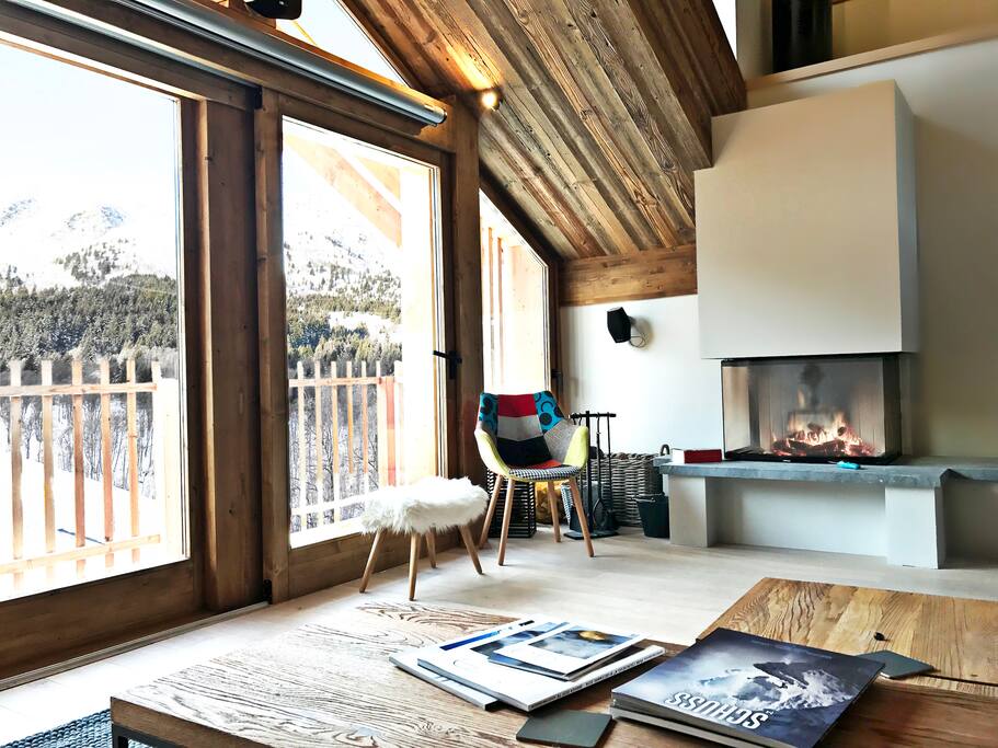 Warm cosy log fire and a view of the mountains