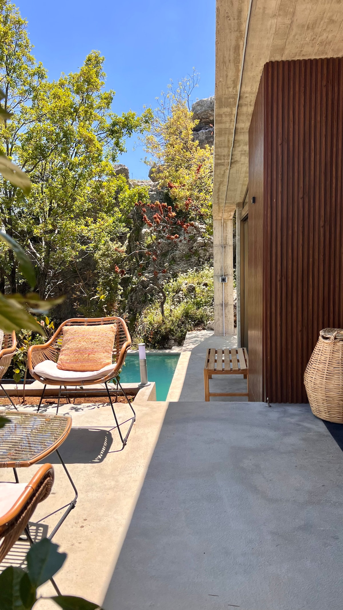 A serene outdoor area features a small plunge pool beside a smooth concrete path, surrounded by lush greenery. Two stylish chairs with woven seats are positioned nearby, alongside a wooden bench, integrating the space with the natural landscape.