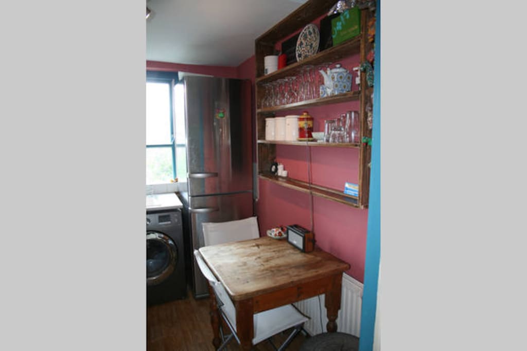 Small but well equipped Kitchen (seats 3 people) with state of the art Samsung eco-bubble washing machine and a frost free fridge and frost free freezer.