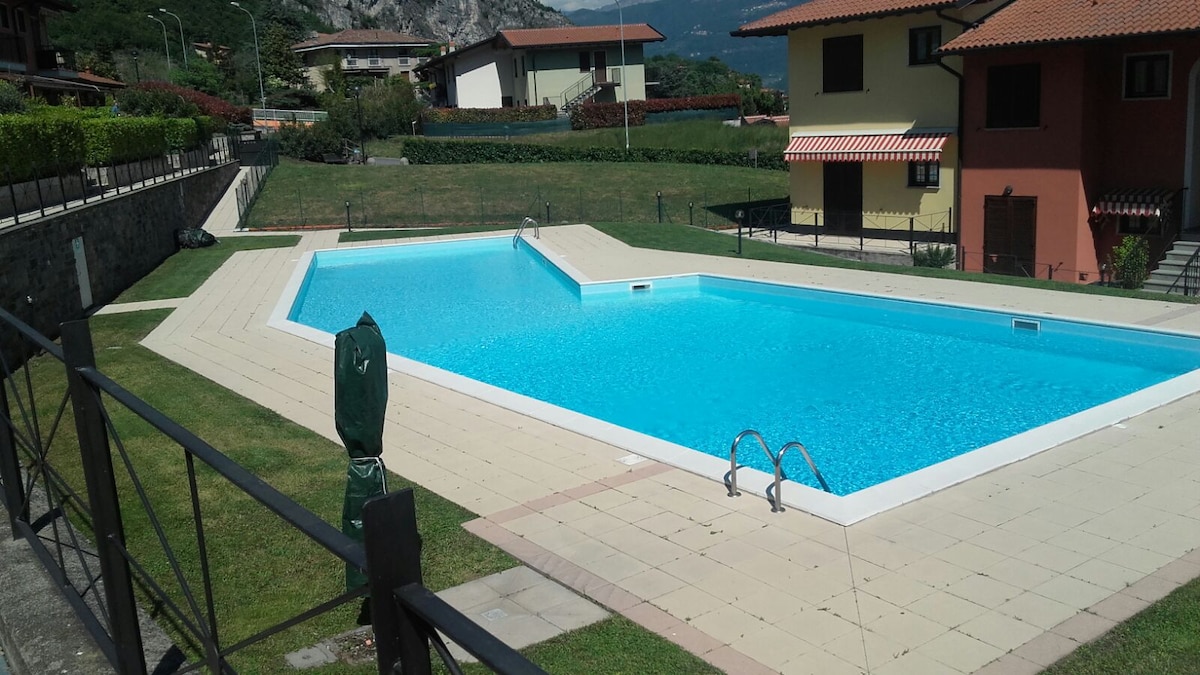 A large swimming pool is set in a landscaped area, featuring a light blue water surface and a shallow section at one end. Surrounding grass offers space for relaxation, and nearby buildings can be seen with varying colors and designs, enhancing the outdoor environment.