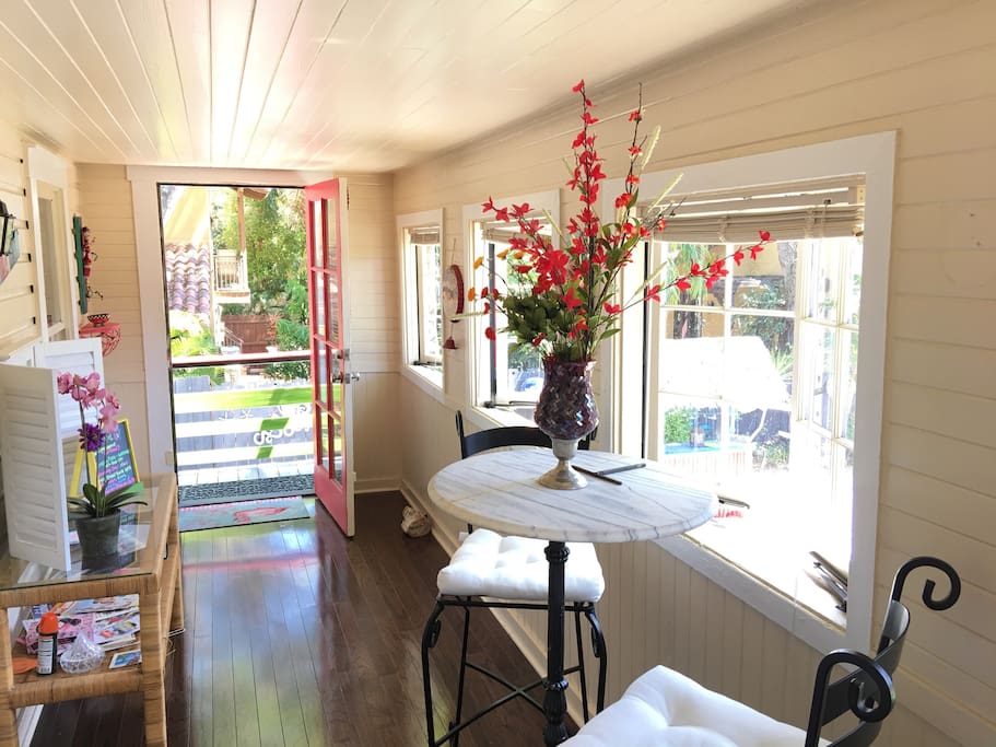 Balcony seating overlooking courtyard