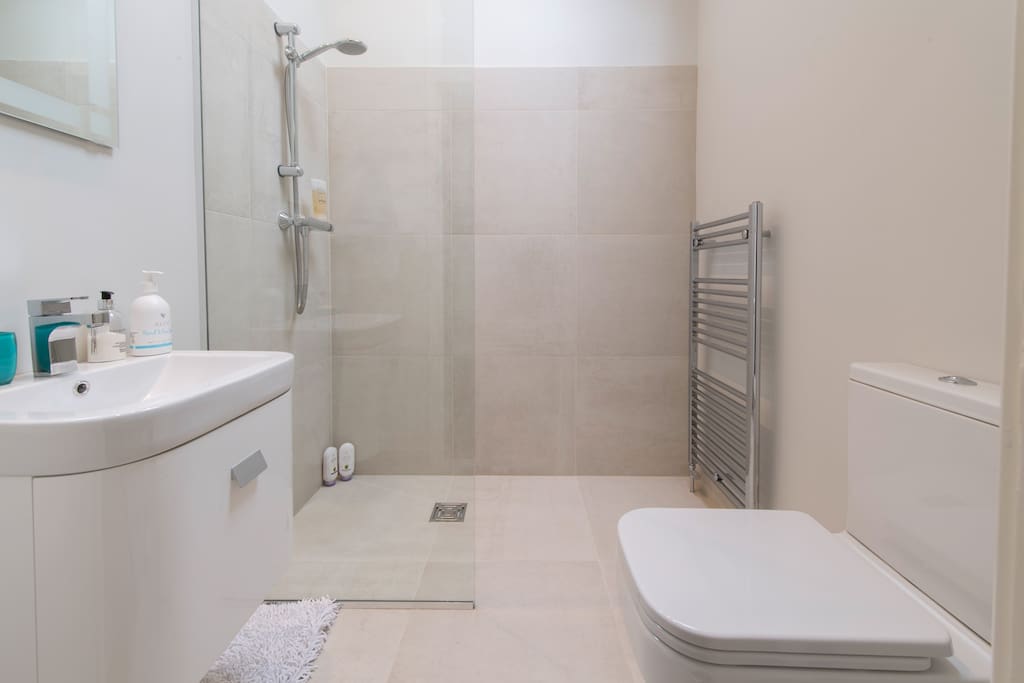 Shower room with walk in wet room style shower with level access, heated mirror, basin, and toilet.