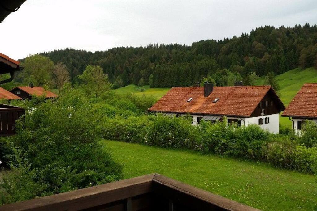 Herrlicher Blick vom Balkon auf die umliegenden Wälder. Hier geht es direkt auf die Wanderwege.