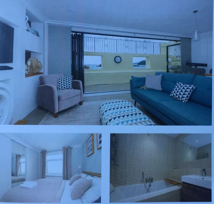 Top picture showing sliding frame window screen pulled full open.
Bottom two pictures showing 2nd bedroom and bathroom.