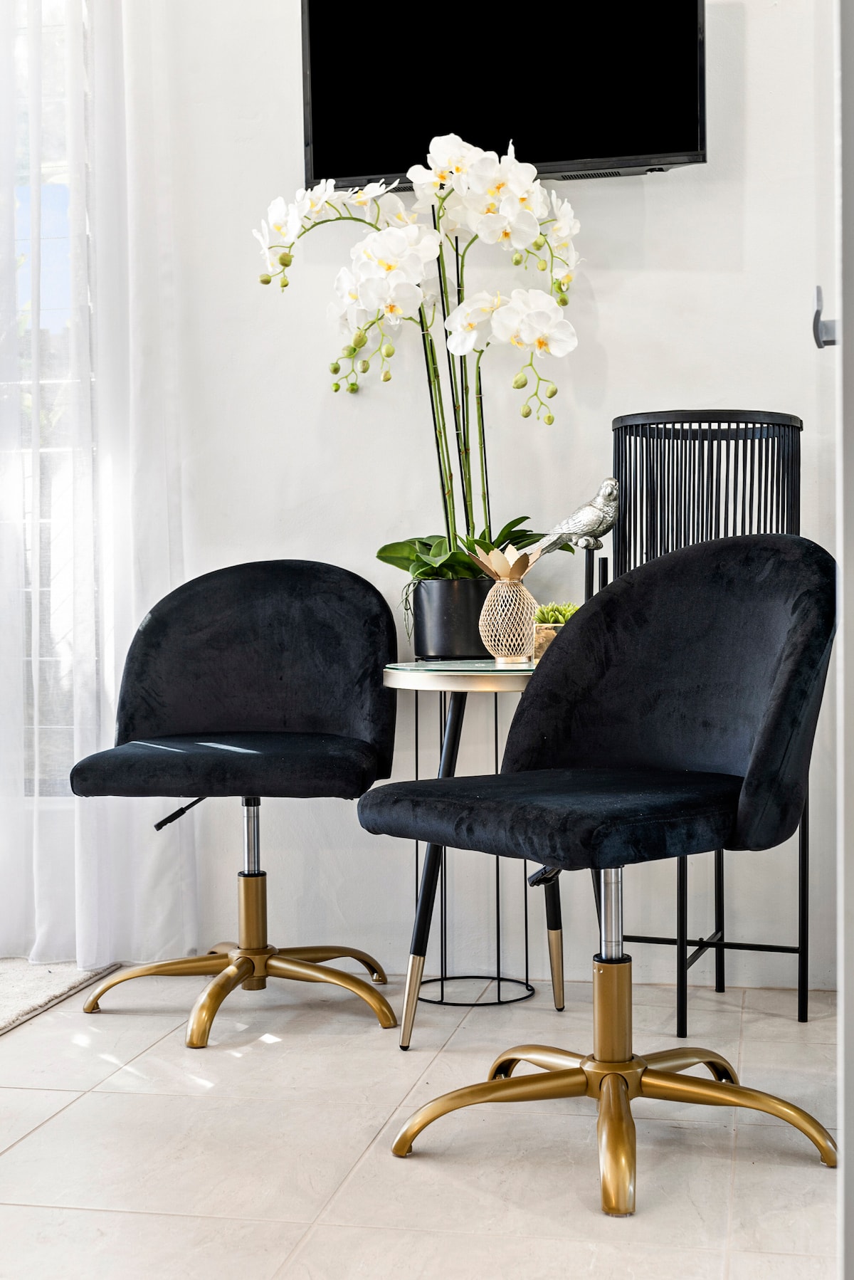 Two elegant black chairs with gold bases are positioned beside a small round table. A potted orchid and decorative items are displayed on the table, complemented by a nearby plant holder. Natural light fills the space, highlighting the modern design elements.