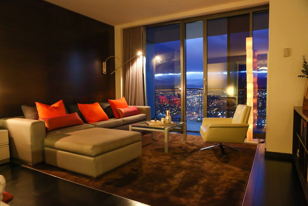 Living room at dusk.