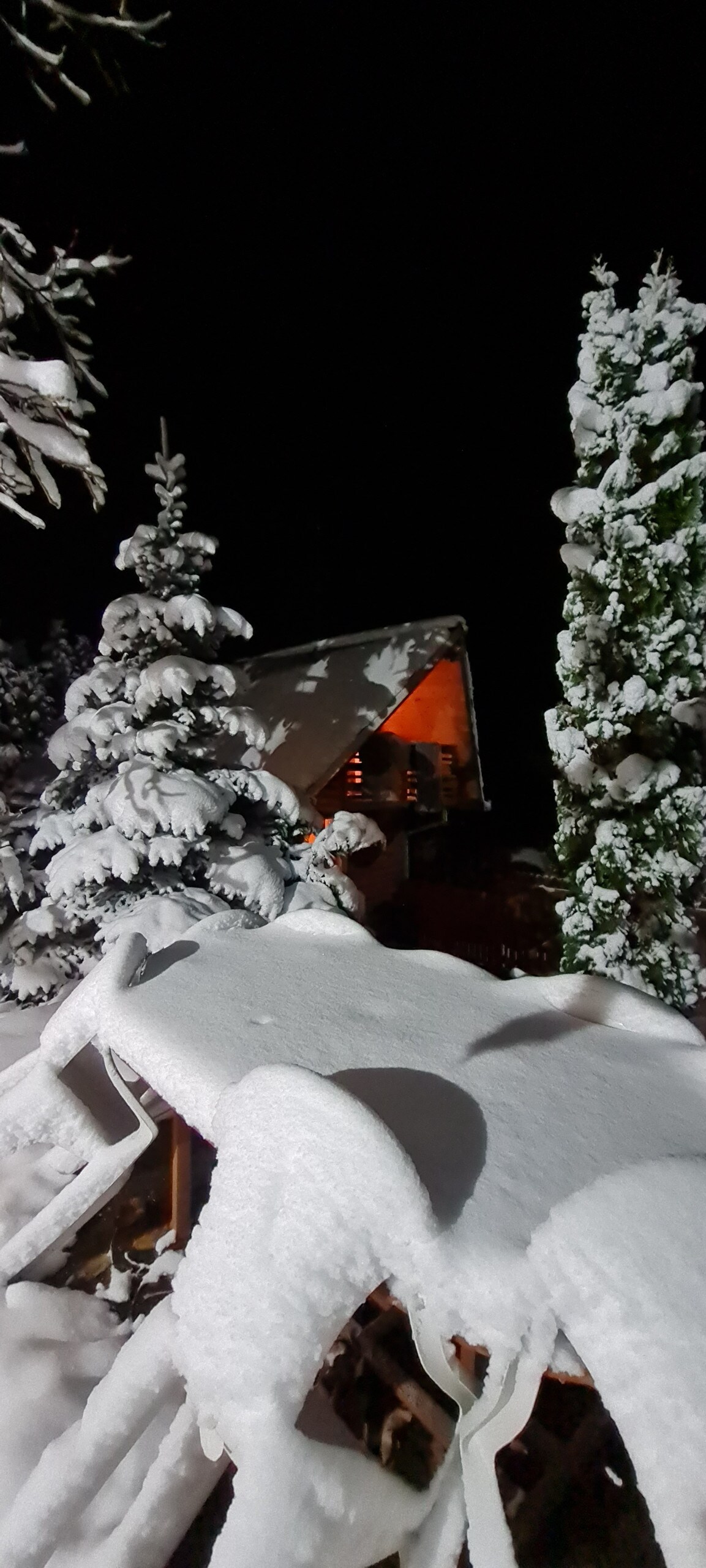 A quaint cottage emerges through a snowy landscape at night, with light emanating from its windows, providing a warm contrast to the surrounding white. Tall evergreen trees, heavily laden with snow, frame the scene, creating a serene winter ambiance.