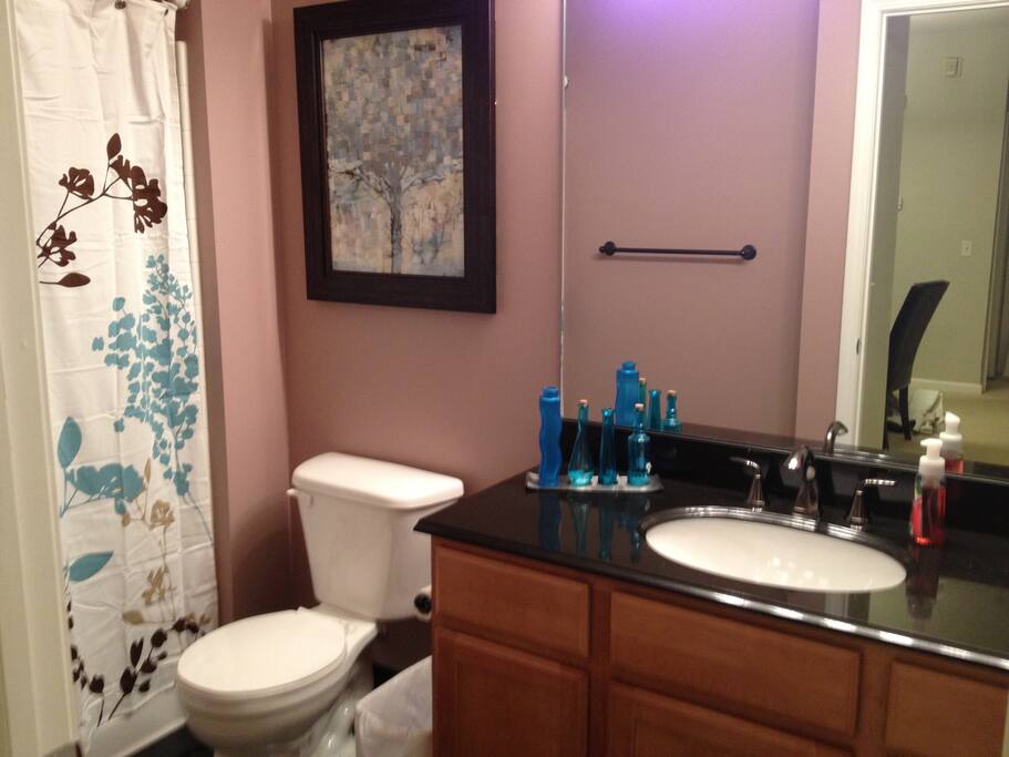 Private bathroom stand up shower -
Bathtub, single sink with lots of space in empty cabinets below