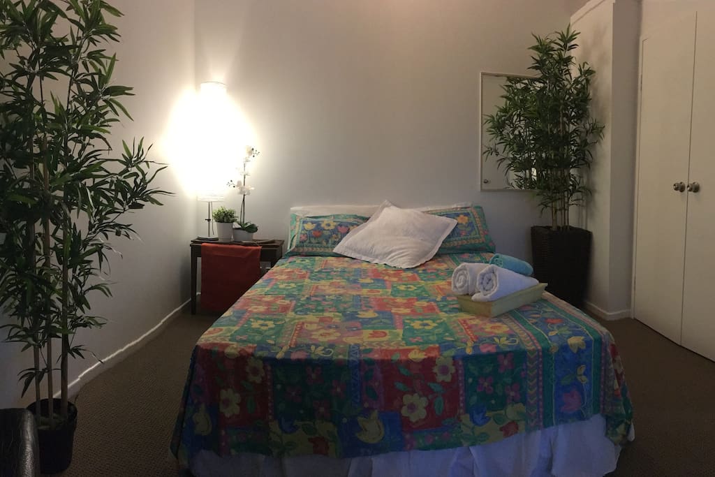 The main bedroom with Queen bed and ceiling fan.
