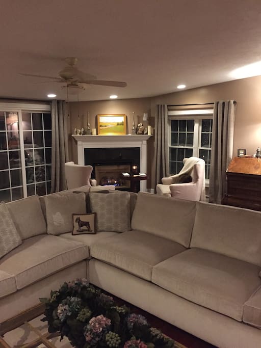 Luxurious living room with fireplace.
Bonus large family room with Smart TV and surround sound.