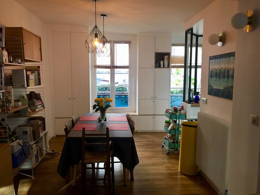 Dining area with table that seats 6