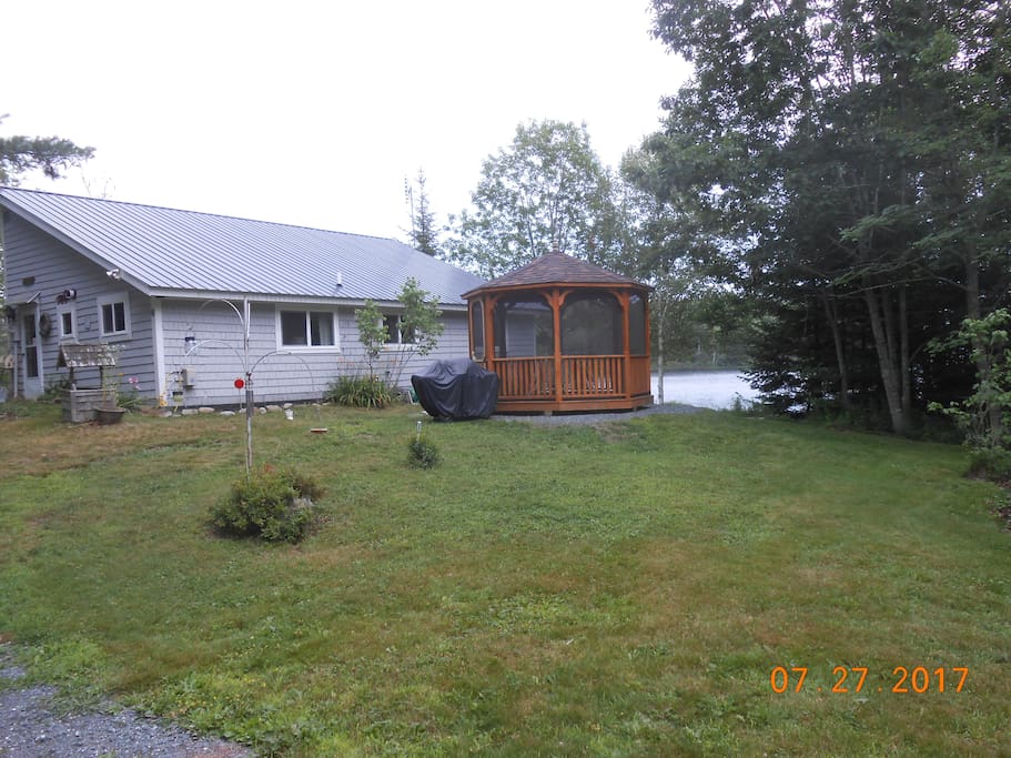 approach from driveway- cabin & gazebo