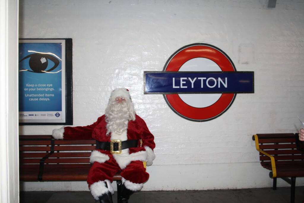 Santa Claus waiting for his reindeer's on the platform at Leyton.
