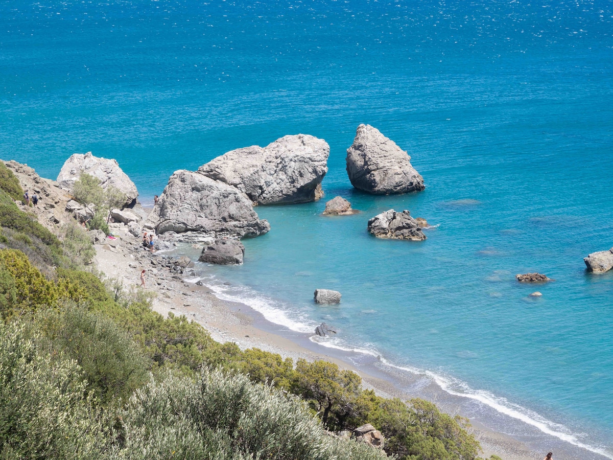 A tranquil beach scene reveals smooth rock formations resting in crystal-clear waters. Soft waves lap against the shore, where pebbles and sand meet. Lush greenery lines the coast, providing a natural barrier and enhancing the peaceful ambiance of the area.
