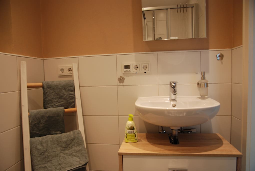 Neu renoviertes Bad - Waschbecken mit Spiegelschränke die