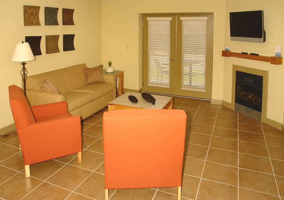 Spacious living room with fireplace and flat screen TV