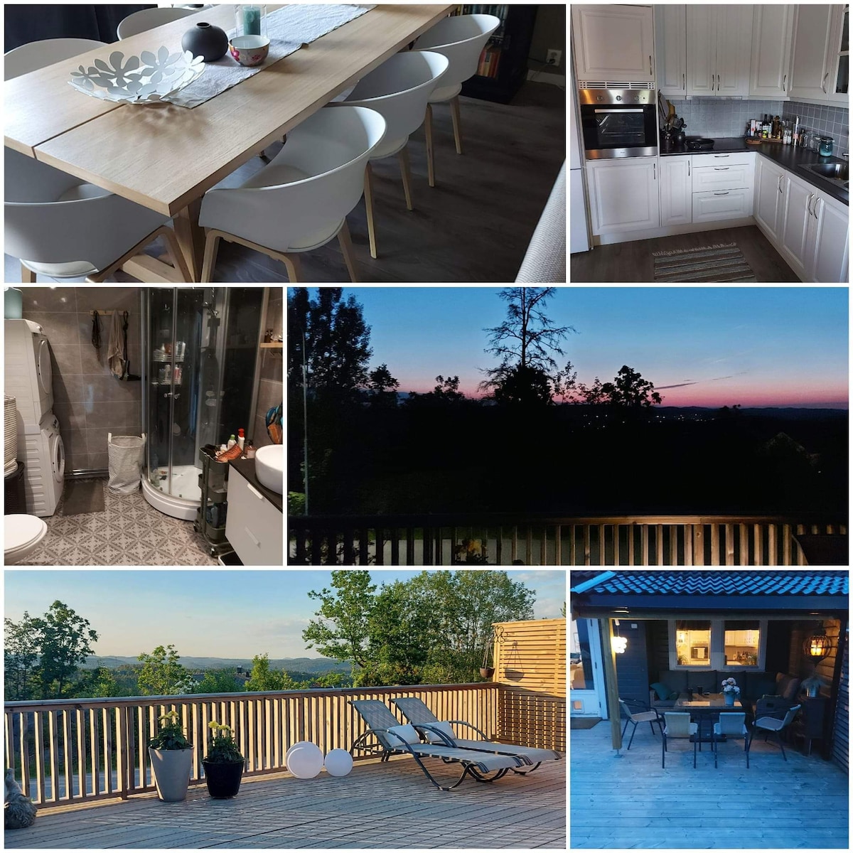 A spacious dining area features a long wooden table surrounded by white chairs, accented by a decorative centerpiece. The kitchen is equipped with modern appliances and white cabinetry. A cozy bathroom includes a shower stall. A large veranda offers views of the surrounding landscape, with lounge chairs positioned for relaxation.