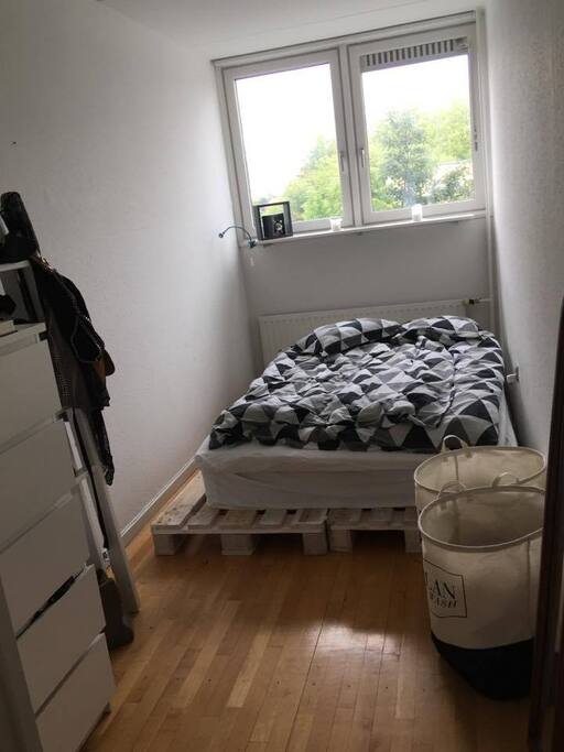 This is the bedroom. Here there will be two empty drawers for storing clothes. The two windows can be opened both a bit at the top, and as well as there are blackout curtains