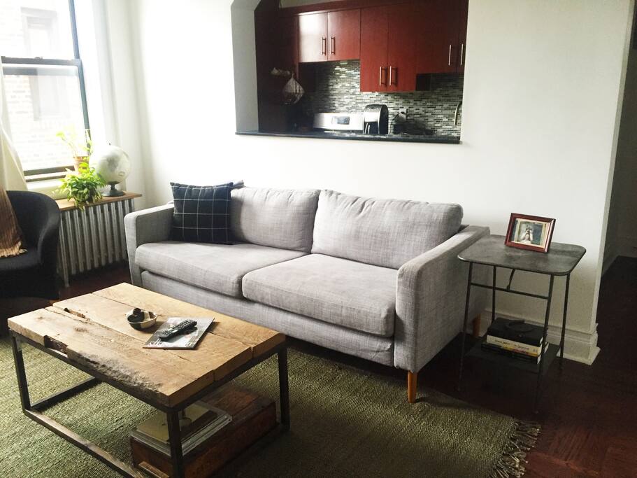 Comfy couch. Our handmade coffee table.