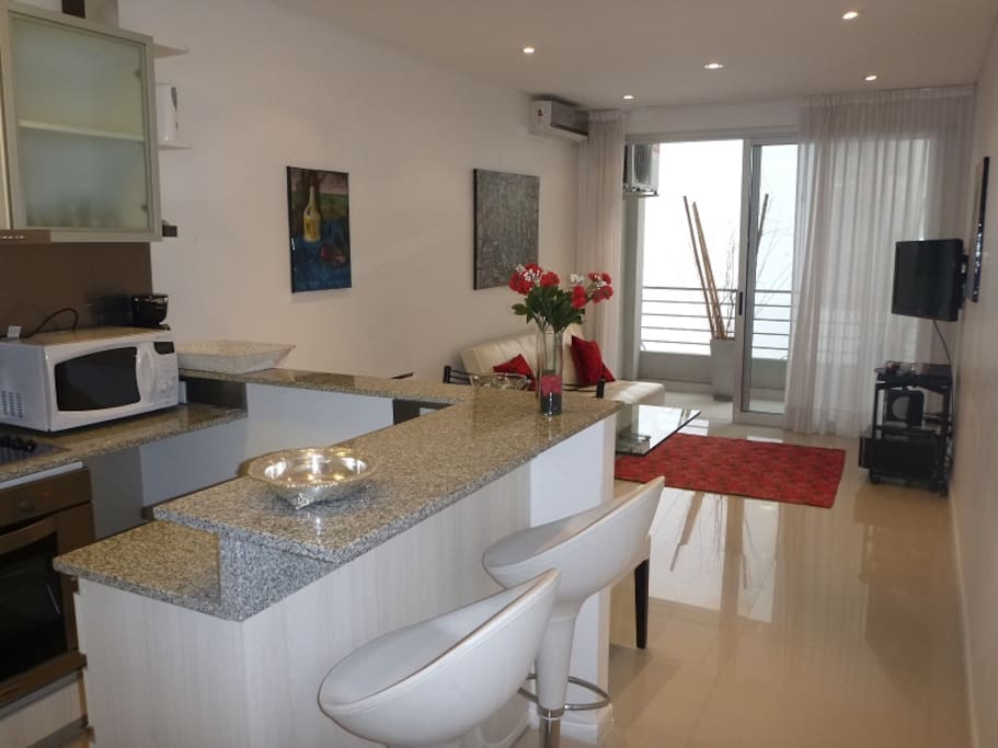 Large fully equipped kitchen. Microwave, electric stove, coffee maker, electric jug, refrigerator with freezer, cutlery.