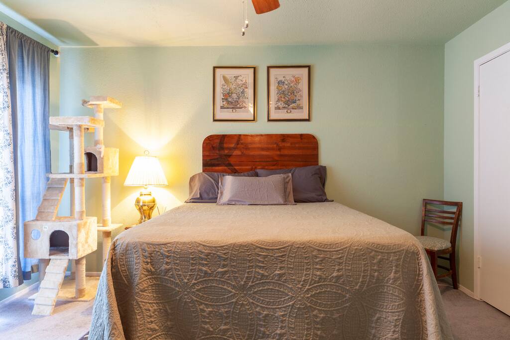 The master bedroom with a Casper queen sized mattress and cat tree - sweet dreams!