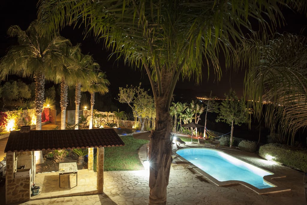 The pool/garden at night