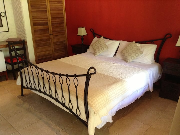 Standard Room with queen bed, A/C, cable TV, fridge, wi-fi, safety box, private bathroom and terrace, garden view
