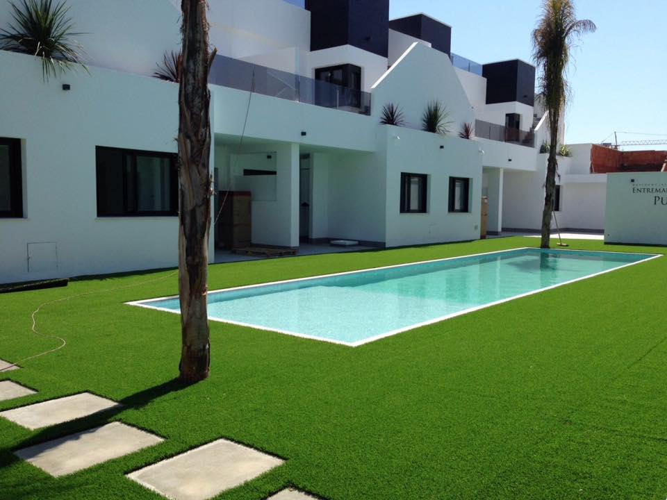 A modern property features a sleek, rectangular swimming pool surrounded by well-maintained artificial grass. Tall palm trees are positioned along the poolside, enhancing the contemporary design of the white building that elegantly frames the scene. Large windows provide a glimpse of the interior.