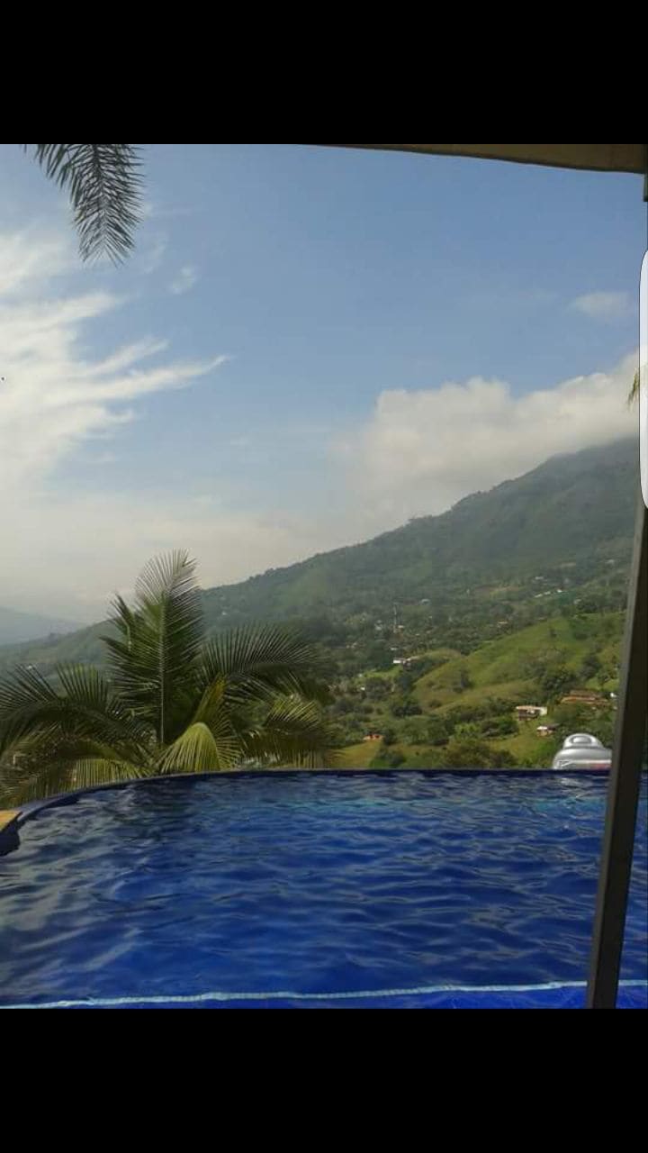 An infinity pool reflects the sky, offering views of lush green mountains. Palm trees frame the scene, creating a serene oasis. The distant landscape features a combination of rolling hills and scattered homes, under a partly cloudy sky.