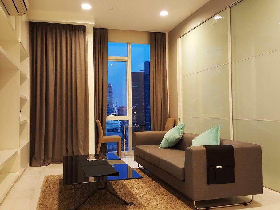 Living area with sliding wall closed.