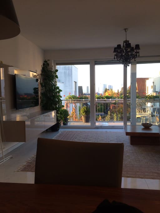 Wohnzimmer mit Balkon und Blick über Frankfurt / Livingroom with the best view above Frankfurt