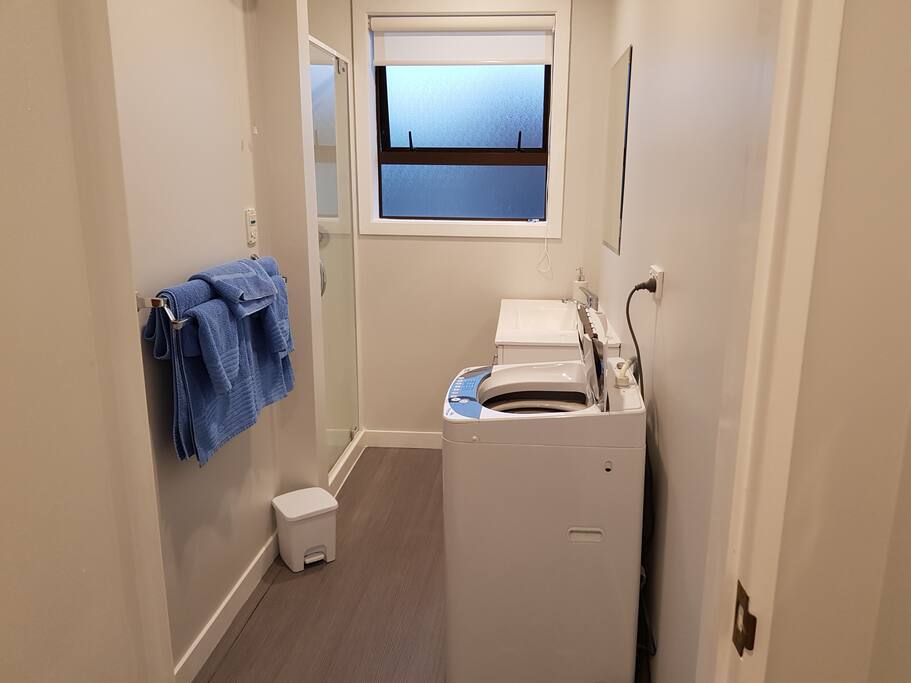 Washing Machine with soap powder in the vanity. Shower and Vanity. Dryer in the garage on request.