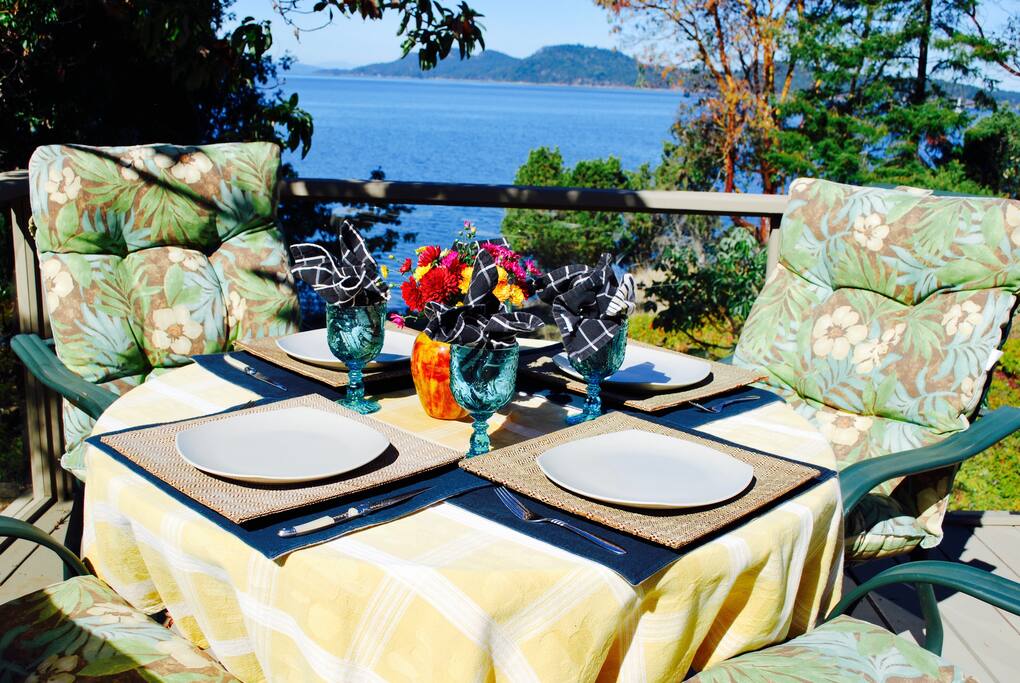 Dine in comfort on your private deck surrounded by natual beauty and sweeping views of the Gulf Islands
