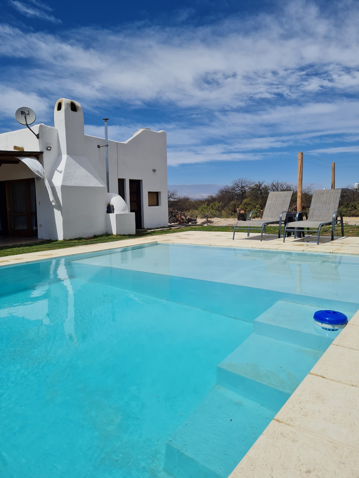 A rectangular pool glistens under a clear blue sky, with steps leading into the water. Two gray lounge chairs are positioned nearby on a stone patio, while a white building stands in the background, surrounded by nature.